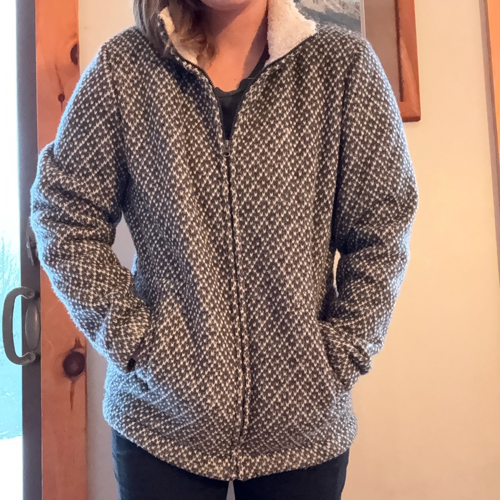 Vintage LL Bean Women Full Zip Sweater Jacket Sherpa Lined Cinch Waist Birds Eye